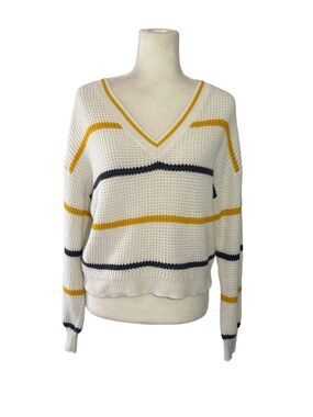Nordstrom BP white cotton v-neck sweater with blue and yellow stripes - S